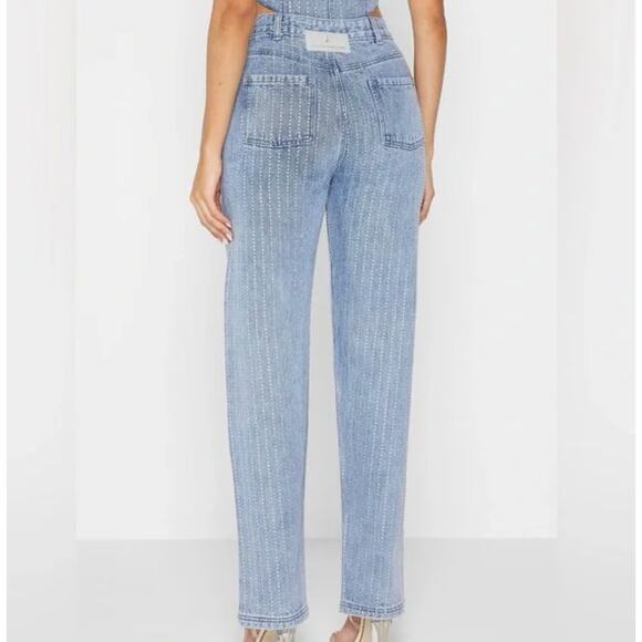 Maniere De Voir Jeans 4 Rhinestone High Rise Straight Leg Blue Denim Sexy - Picture 2 of 16